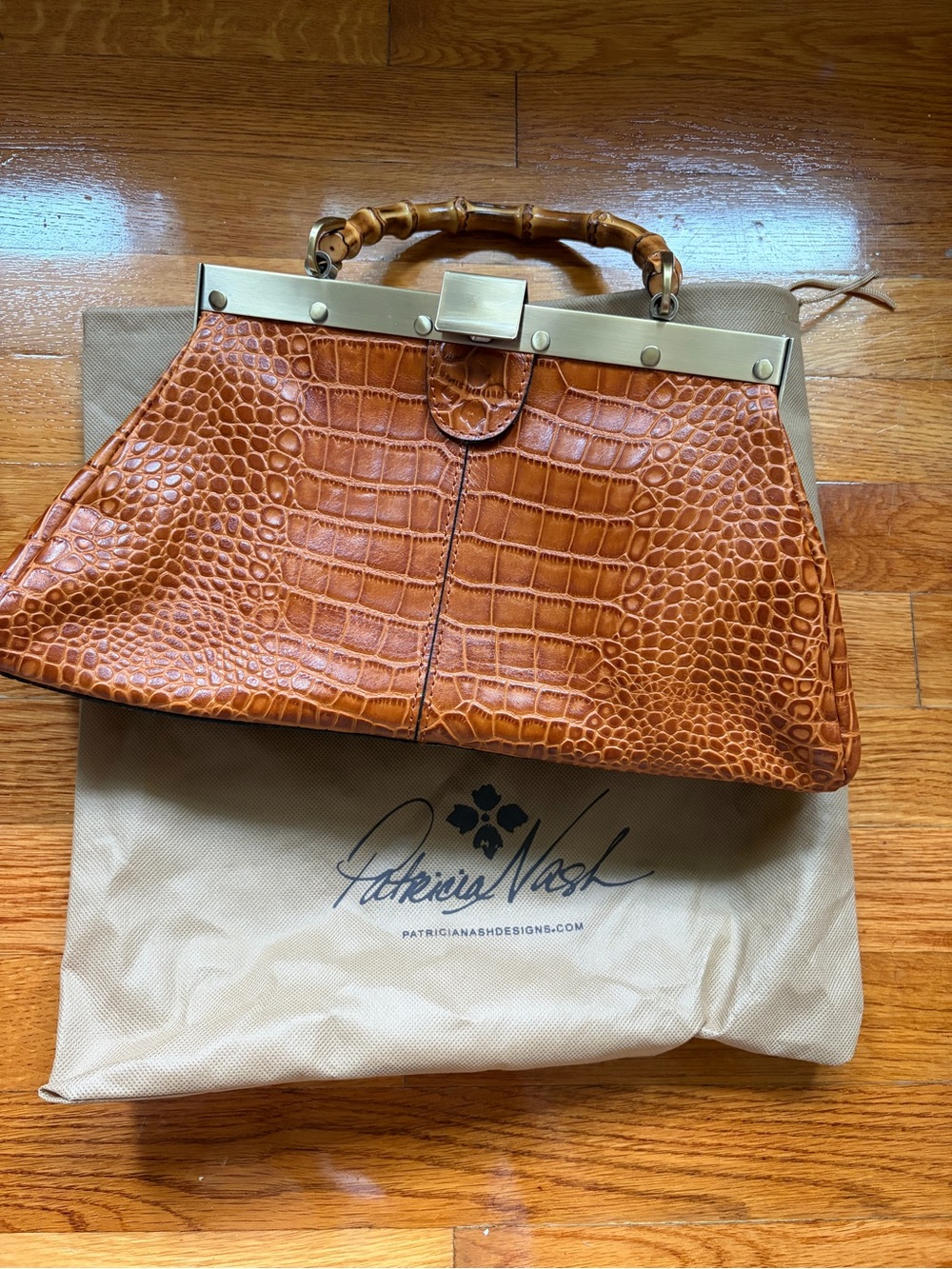Patricia Nash Cognac Croc-Embossed Bamboo Handle Frame Satchel